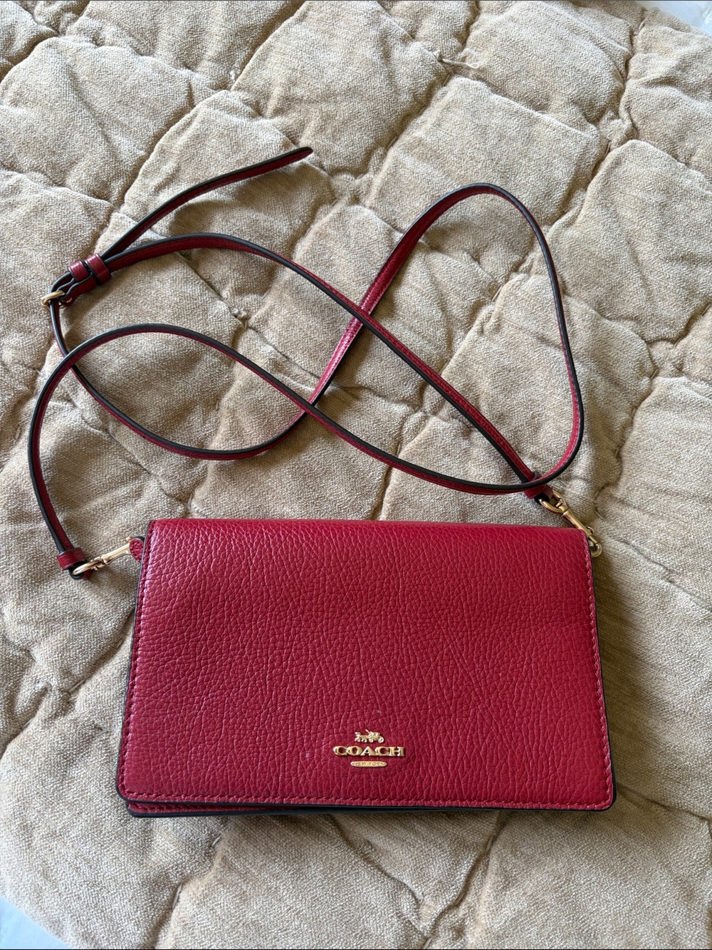 Coach Red Pebbled Leather Crossbody Wallet on Strap
